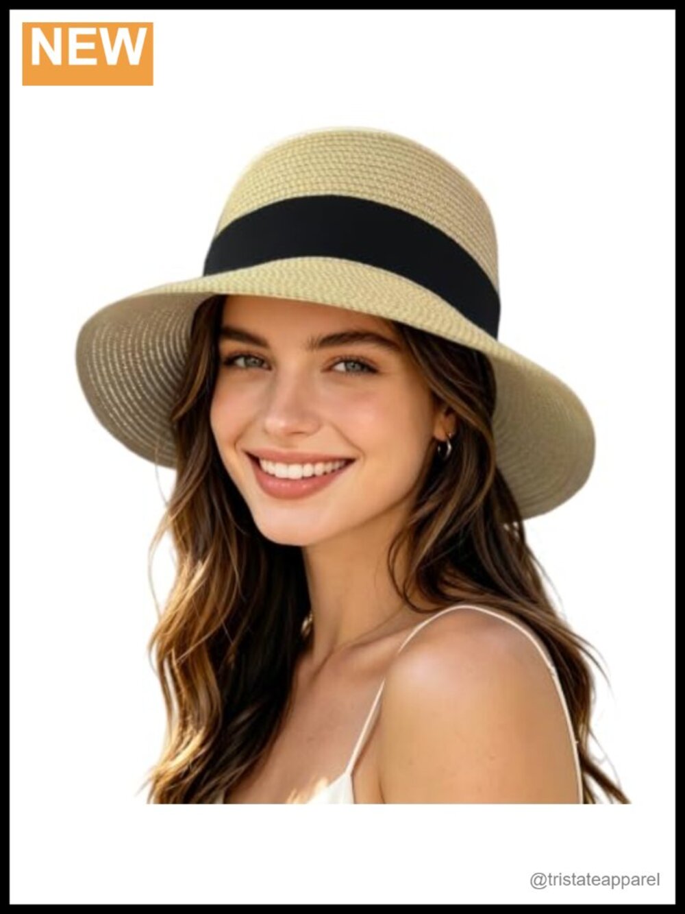 Wide Brim Straw Sun Hat with Black Band - Women